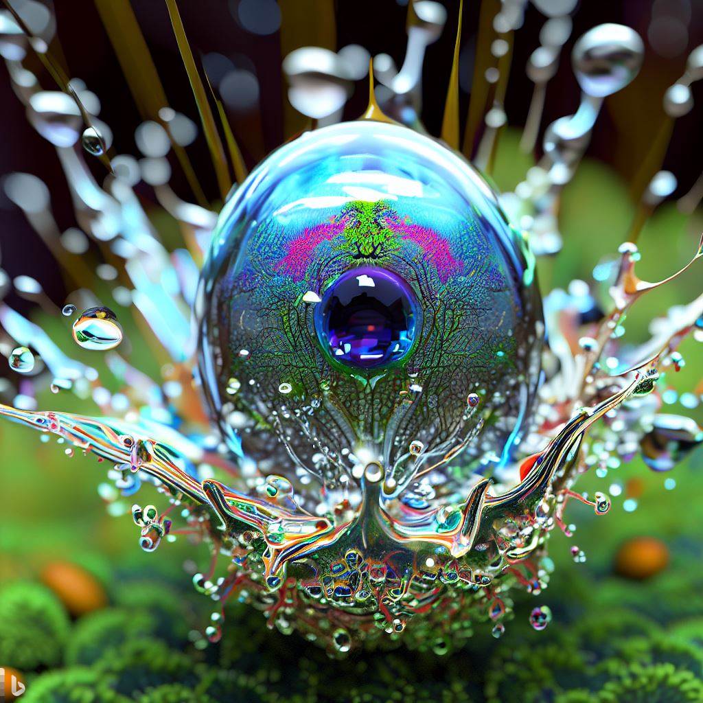 8- 3D hyper-detailed joyfully bursting spattering raindrop with multi-colored nano-circuitry iris-stroma living breathing eye-pupil at its core, spattering wet rainforest moss synapses, mirroring recursion.jpg